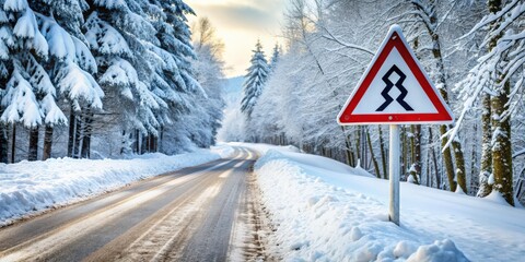 Snow-covered road during winter with a road sign warning of slippery conditions , winter, driving, road, snow, slippery