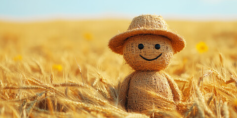 Straw man in a rye field, a symbol of the harvest, copyspace