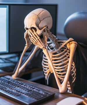 a skeleton losing his mind trying to debug a coding problem