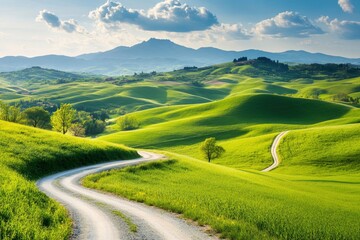 Stunning Summer Landscape with Green Rolling Hills and Winding Path, ai