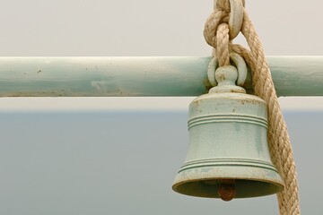 Rustic nautical bell with rope on vintage metal bar overlooking sea
