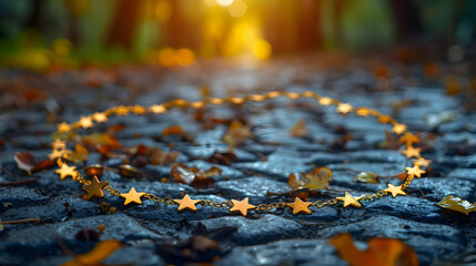 Fototapeta premium Golden Star Chain on Cobblestone Path - Fall Photo