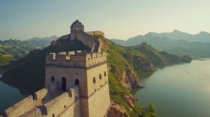 Naklejka premium Majestic Mountainside Castle Fortification with Panoramic Lake and Cliff Views