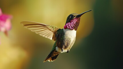 Fototapeta premium Vibrant Hummingbird in Flight Feeding on Colorful Flowers in Garden