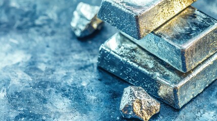 Silver Bars and Pieces on Blue Background
