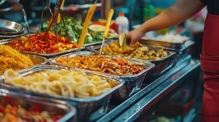 Fototapeta premium Vibrant Asian Street Food Stall with Diverse Culinary Delights