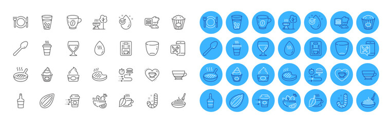 Fototapeta premium Salad, Wine glass and Cake line icons pack. Americano, Chef, Food delivery web icon. Coffee delivery, Grill pan, Grill pictogram. Popcorn, Ice cream, Love coffee. Food app, Spoon, Hot water. Vector