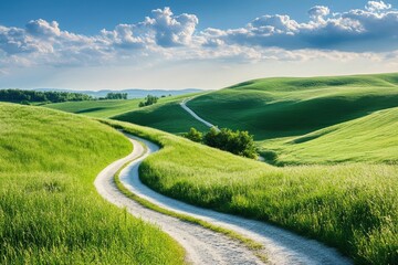 Stunning Summer Landscape with Green Rolling Hills and Winding Path, ai