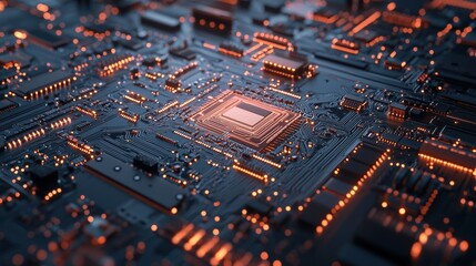Obraz premium Futuristic Glowing Circuit Board Technological Background with Processor Chip and Mainboard