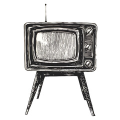 Vintage Retro TV Drawing, Antique Television Illustration Art, Old TV Sketch Print, Retro Decor, Black and White TV Artwork, Classic
