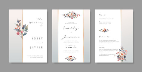 Beautiful wedding invitation template with floral watercolor