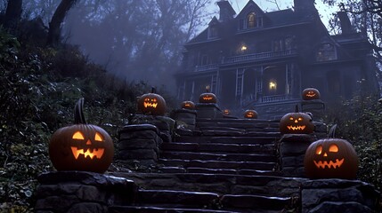 Jack-o-lanterns leading to a haunted house