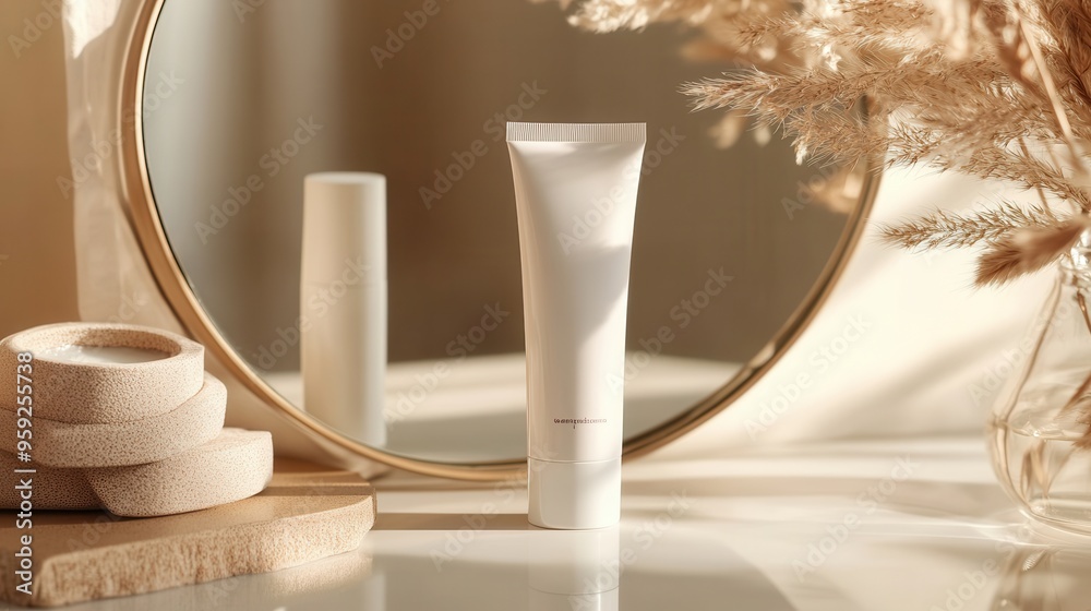 Poster a tube of cream stands upright on a smooth surface, partially reflected in a round mirror alongside 