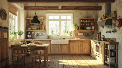 Rustic and Cozy Farmhouse Kitchen with Wooden Beams and Natural Lighting
