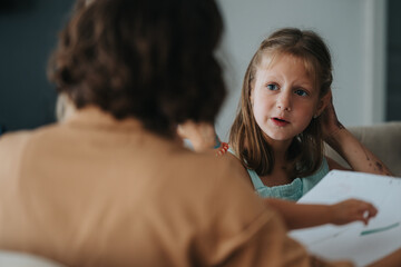 A young girl listens attentively as her mother talks, fostering a close family bond and open communication. This moment captures the essence of a nurturing family relationship.