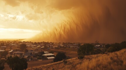 Dramatic Sandstorm Sweeping Across Rural Countryside Landscape at Sunset