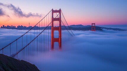 Fototapeta premium Iconic Suspension Bridge at Dramatic Sunrise over Misty Bay