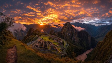 Naklejka premium Breathtaking Sunset Over Majestic Mountain Landscape in Remote and Rugged Wilderness