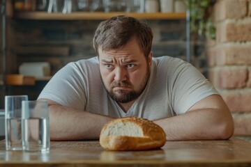 Overweight man sadly looking at bread and choosing healthy lifestyle