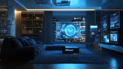 Futuristic Digital Control Interface with Holographic Projection in Modern Home Office