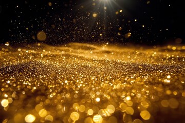 Shimmering gold particles in motion under dramatic lighting