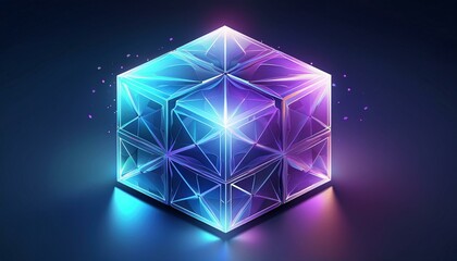 Isometric polygonal 3D box in light blue and purple on dark background