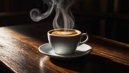 Fototapeta premium Steaming cup of espresso on a dark wooden table, illuminated by a focused beam of light creating intense shadows.
