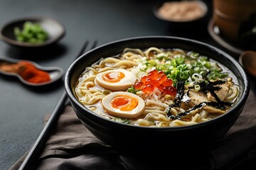 Delicious Ramen Bowl with Soft Boiled Eggs, Seaweed and Fish Roe