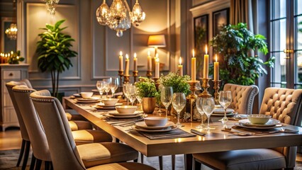 Elegant dining table set for an evening dinner party, dining table, decorated, evening, dinner party