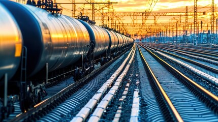 Obraz premium Train Tracks at Sunset with Tanker Cars