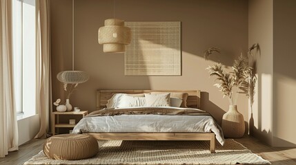 Minimalist Bedroom with Natural Elements and Wooden Bed Frame