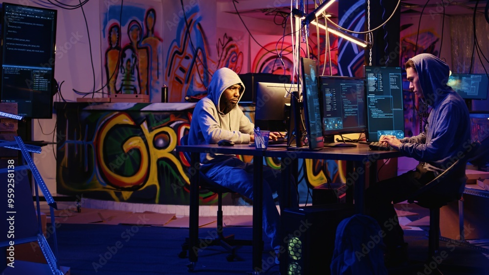 Poster team of hackers typing fast on keyboards in graffiti painted hideout, rushing to finish developing s
