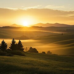 Obraz premium 29. Bright sunrise over rolling hills, representing hope and new opportunities