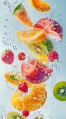 Slices of fresh fruit falling into clean water splashing upwards