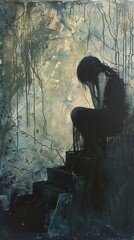 A solitary figure sits on a set of stairs, head bowed in sorrow, amidst a backdrop of abstract brushstrokes suggesting a somber atmosphere.