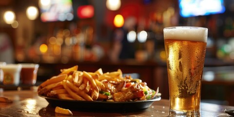 Beer glass and fast food snack on a table in a sports bar