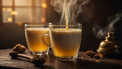 Glass of hot ginger milk with honey, with steam rising and side lighting that creates a cozy, dramatic effect.