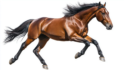 A muscular brown horse galloping at full speed, mane flowing, on a white background.