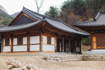 Bukhansan National Park, Seoul, Gyeonggi-do, South Korea, spring landscape view during hike to Baegundae summit peak, process of trekking and climbing to Bukhan mountain, travel and hiking in Korea