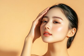 Fototapeta premium Cosmetics skincare concept photo. Woman with beautiful face touching healthy facial skin portrait. Beautiful smiling Asian girl model with natural makeup enjoys glowing hydrated smooth skin , ai
