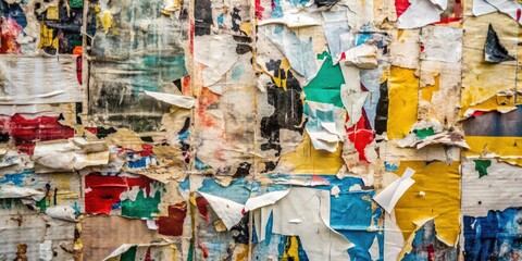 Fototapeta premium Torn street advertisement posters collage background texture with creased, crumpled, and ripped paper backdrop surface