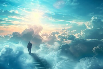 Obraz premium Man Walking Towards the Light in the Clouds