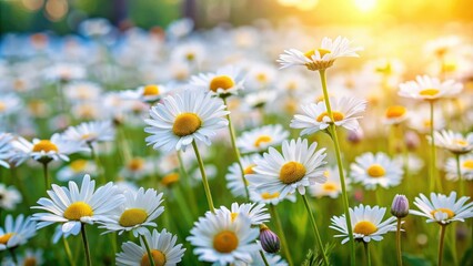 Fototapeta premium Meadow filled with vibrant blooming daisy flowers, spring, field, nature, floral, petals, meadow, blossoms, colorful, garden