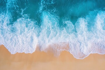 Summer seascape beautiful closeup. Blue sea water in sunny day. Top view from drone. Sea aerial surf, amazing tropical nature background. Mediterranean bright sea bay waves splashing beach sandy , ai
