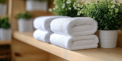 Freshly folded white towels on wooden shelf with greenery for spa and home decor
