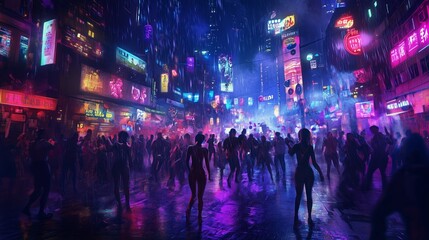 Fototapeta premium Vibrant nightlife in a neon-lit urban landscape with a crowd gathered during a rainy evening