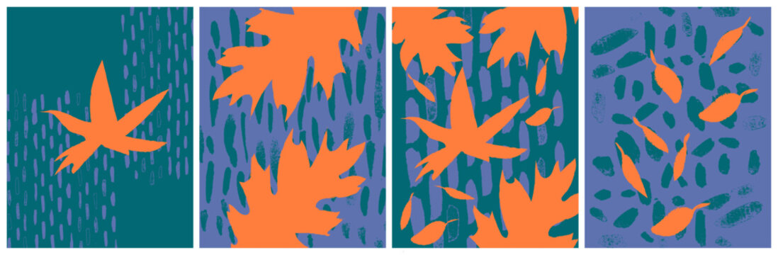 Modern Fall autumn Vector Postcards Set Background Grunge Bold Colors with an Urban design orange green purple