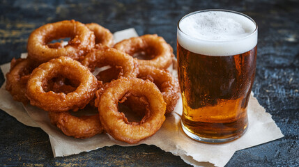 A glass of cold beer next to a pile of fried onion rings on a dark background, representing traditional Oktoberfest snack food and drinks.