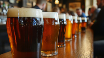 A lineup of different beers in glasses on a wooden bar, symbolizing variety in craft beer options during Oktoberfest celebrations.
