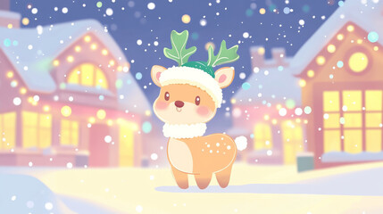 Naklejka premium A playful reindeer wearing antlers and standing in a snowy, festive village, filled with holiday cheer, capturing a whimsical Christmas moment.
